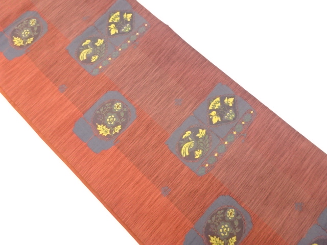 縞に花鳥更紗模様織り出し全通袋帯